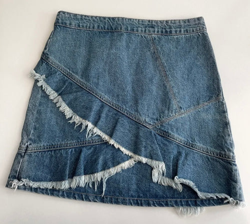 ENA PELLY Raw Edge Frill Panel Denim Skirt Size 10 BNWT $169