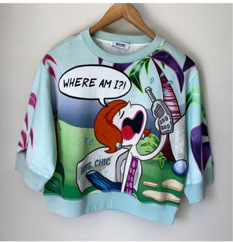 MOSCHINO Where Am I Printed Cartoon Vintage Look Crop Sweater Size UK AU 10 NEW